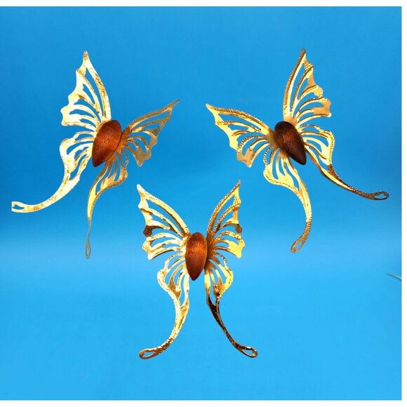 Vintage 1960s Brass & Teak Butterfly Wall Art Set of 9 MCM Danish Modern Decor - Picture 7 of 8
